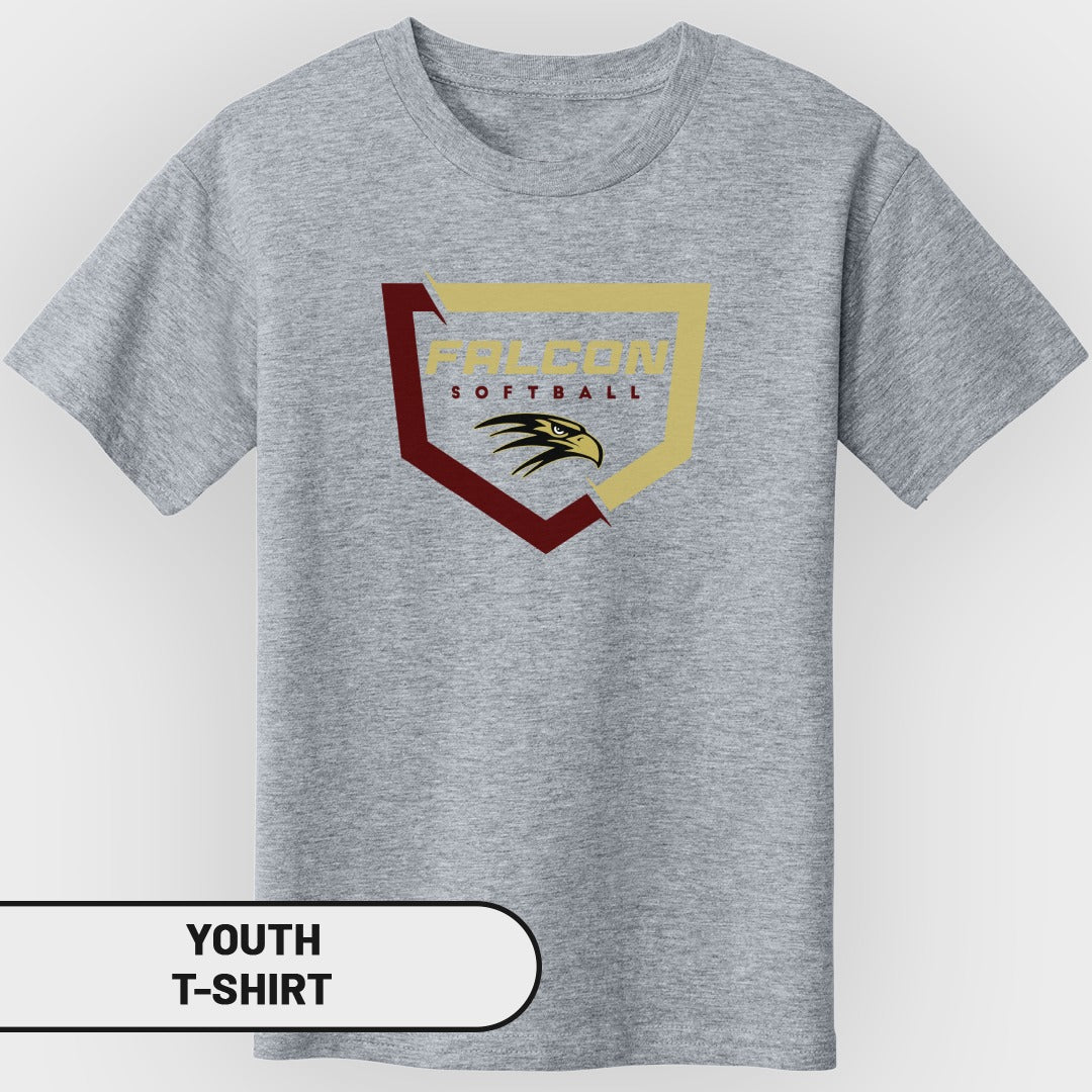 Grey youth t-shirt with maroon and gold falcon softball logo.