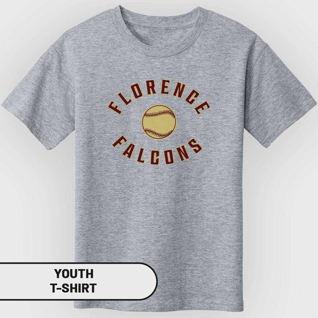 Youth grey t-shirt with "Florence Falcons" text and baseball graphic.