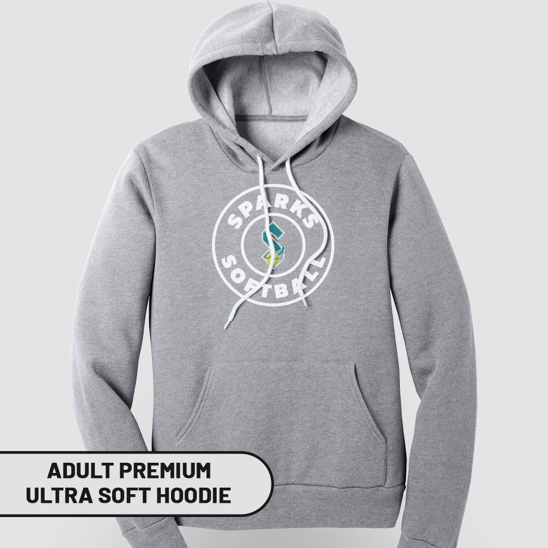 Grey hooded sweatshirt with "Sparks Softball" logo and "Adult Premium Ultra Soft Hoodie" text.