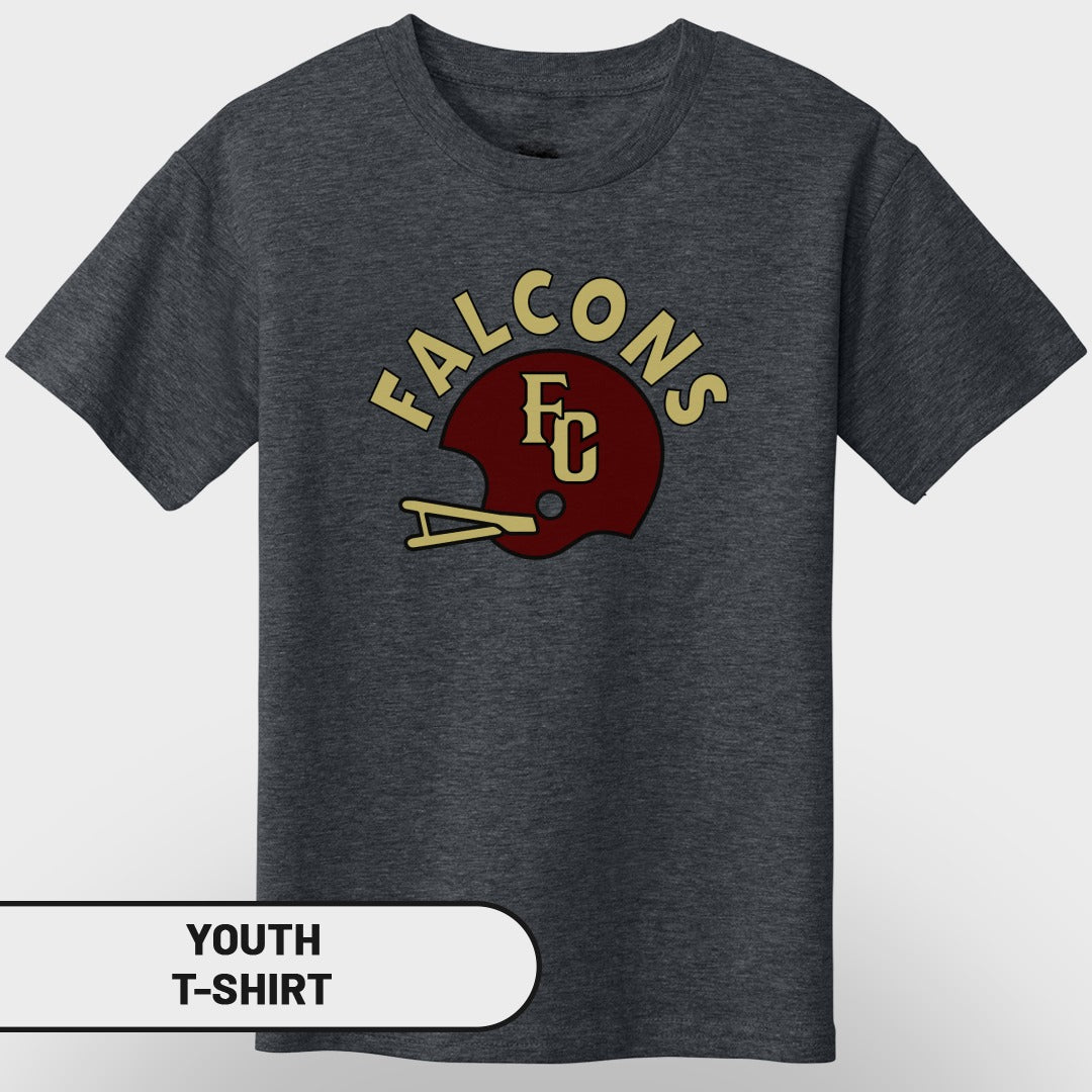 Dark grey youth t-shirt with maroon and gold Falcons FC helmet graphic.