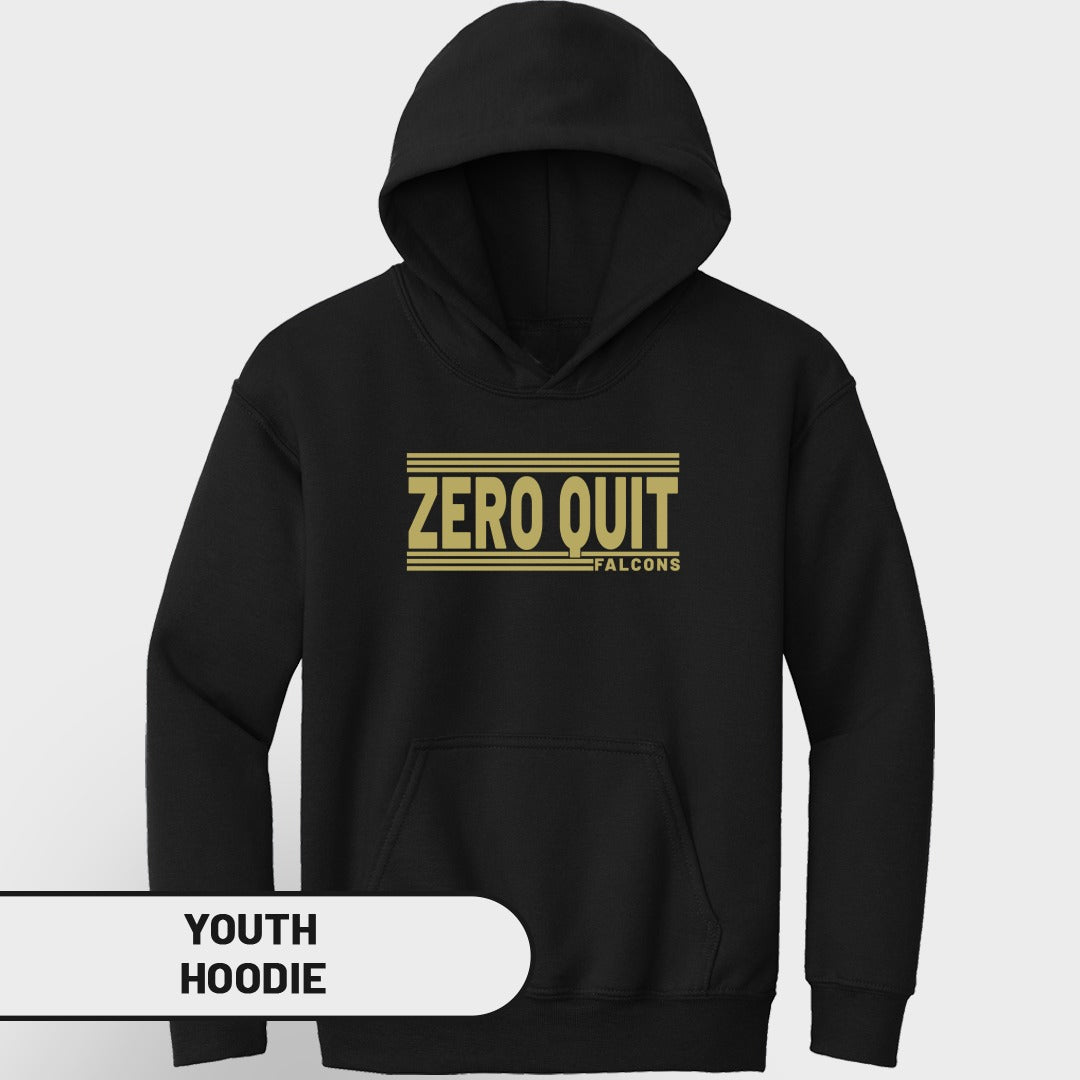 Black youth hoodie with "ZERO QUIT FALCONS" text in gold.