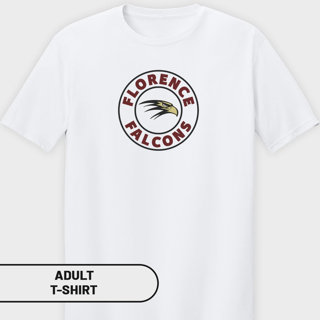 White adult t-shirt with circular "Florence Falcons" logo featuring a hawk.