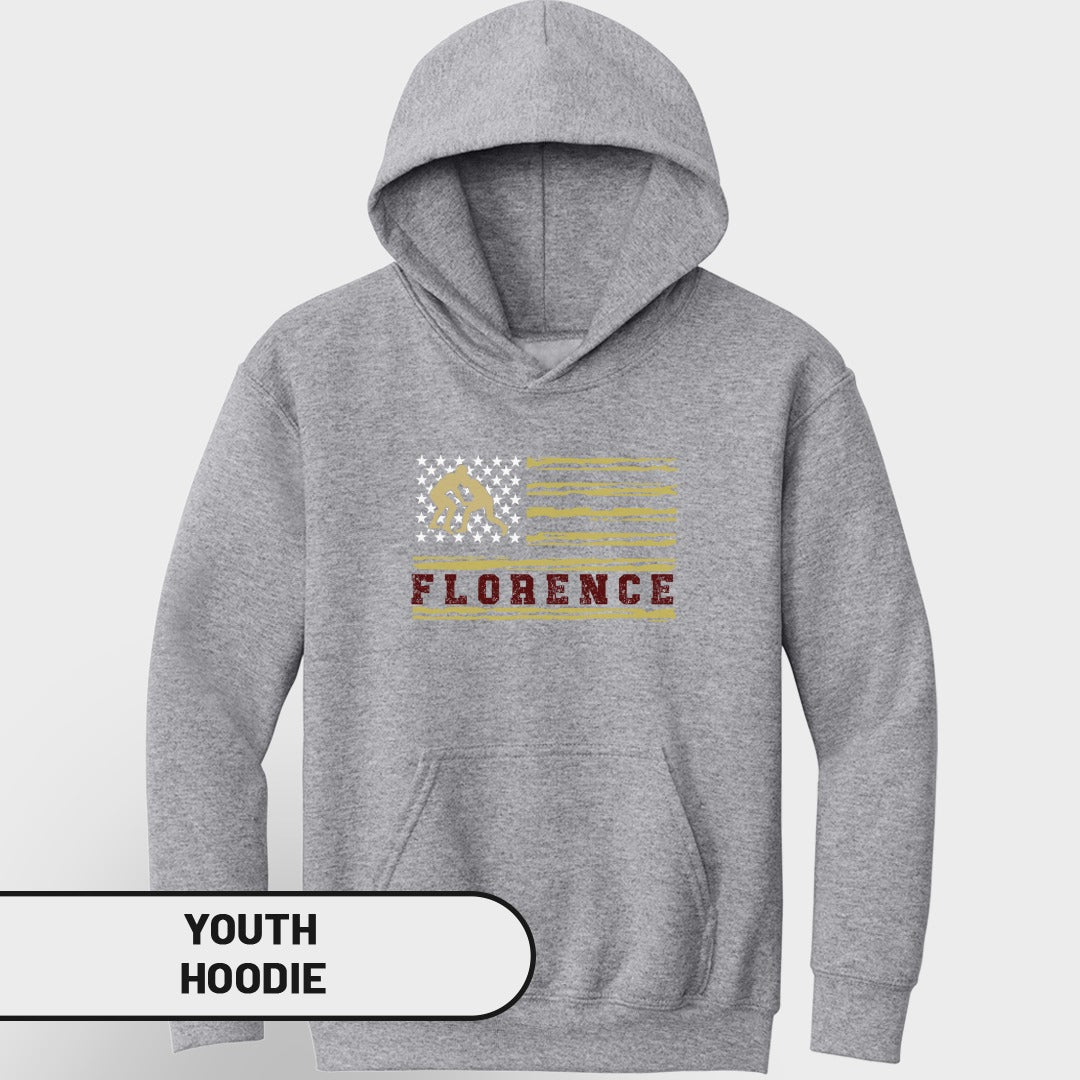 Grey youth hoodie with a distressed American flag graphic and the word "FLORENCE".