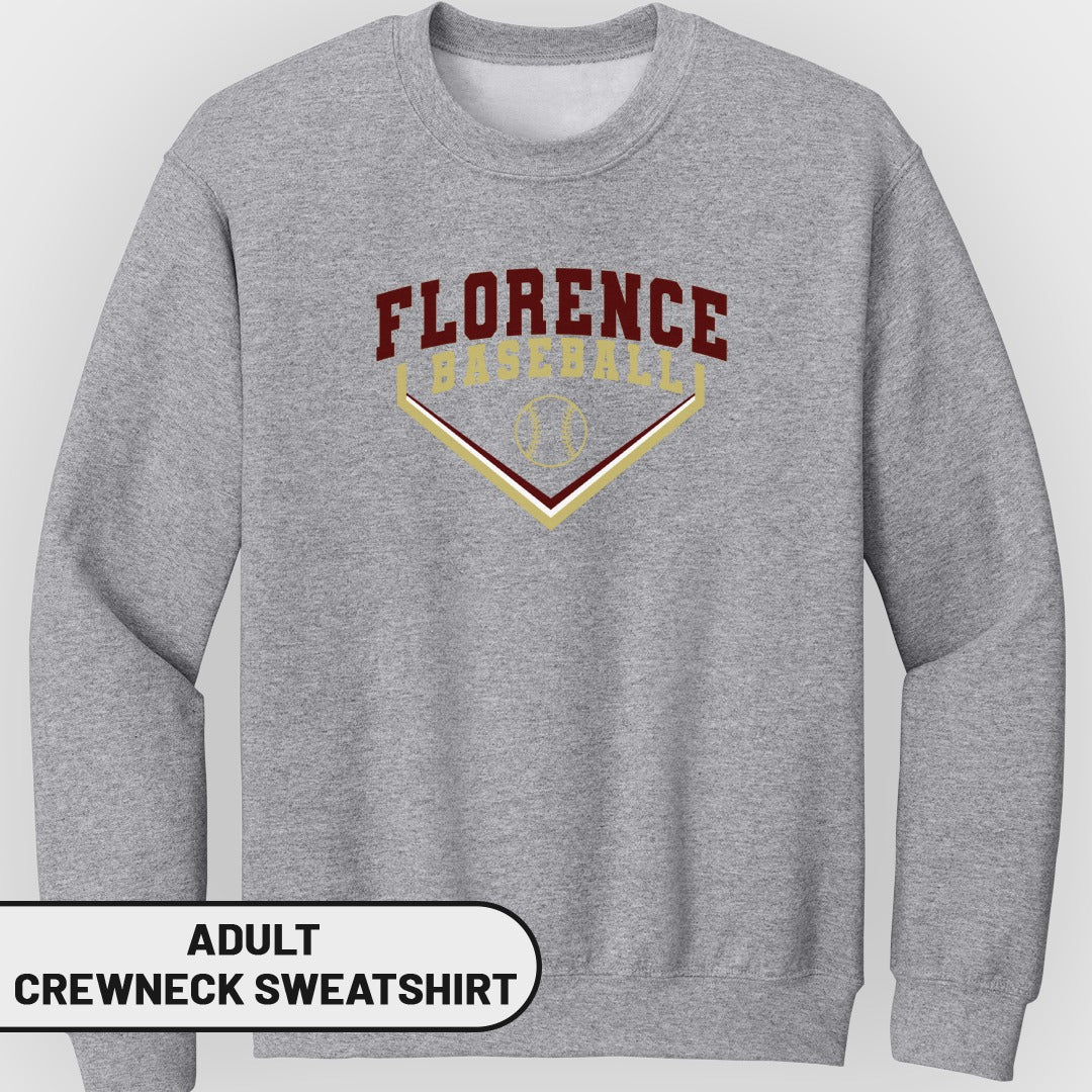 Heather grey adult crewneck sweatshirt featuring a maroon and gold Florence Baseball graphic on the chest.