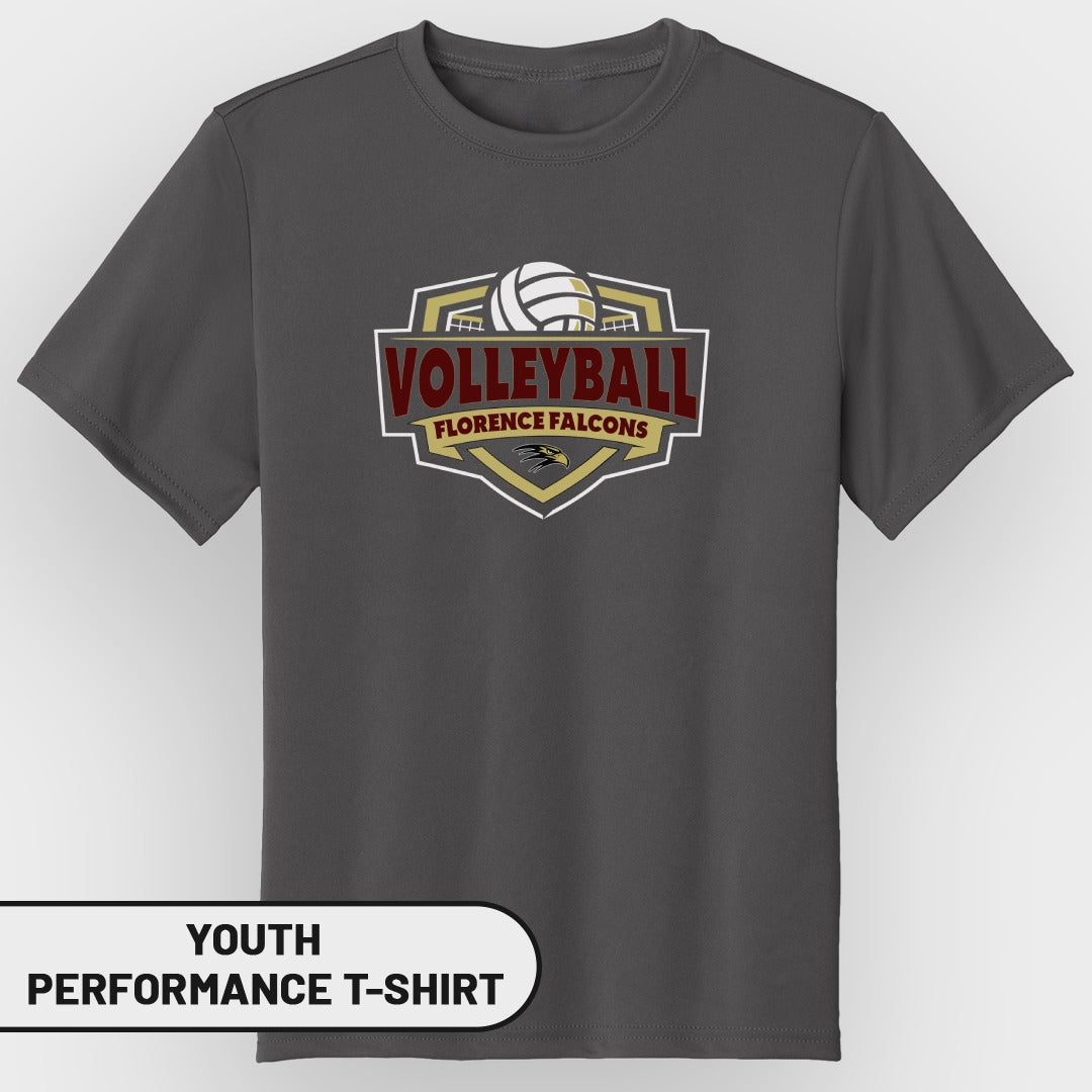 Gray youth performance t-shirt with Volleyball Florence Falcons logo.