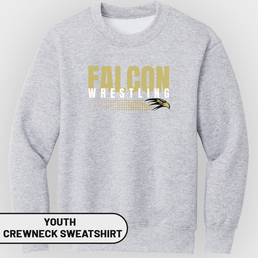 Grey youth crewneck sweatshirt with "FALCON WRESTLING" and a falcon logo.