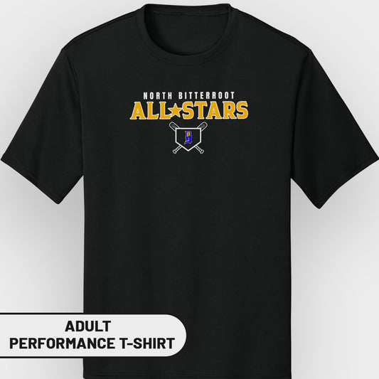 Black t-shirt with North Bitterroot All Stars logo and "Adult Performance T-Shirt" text.