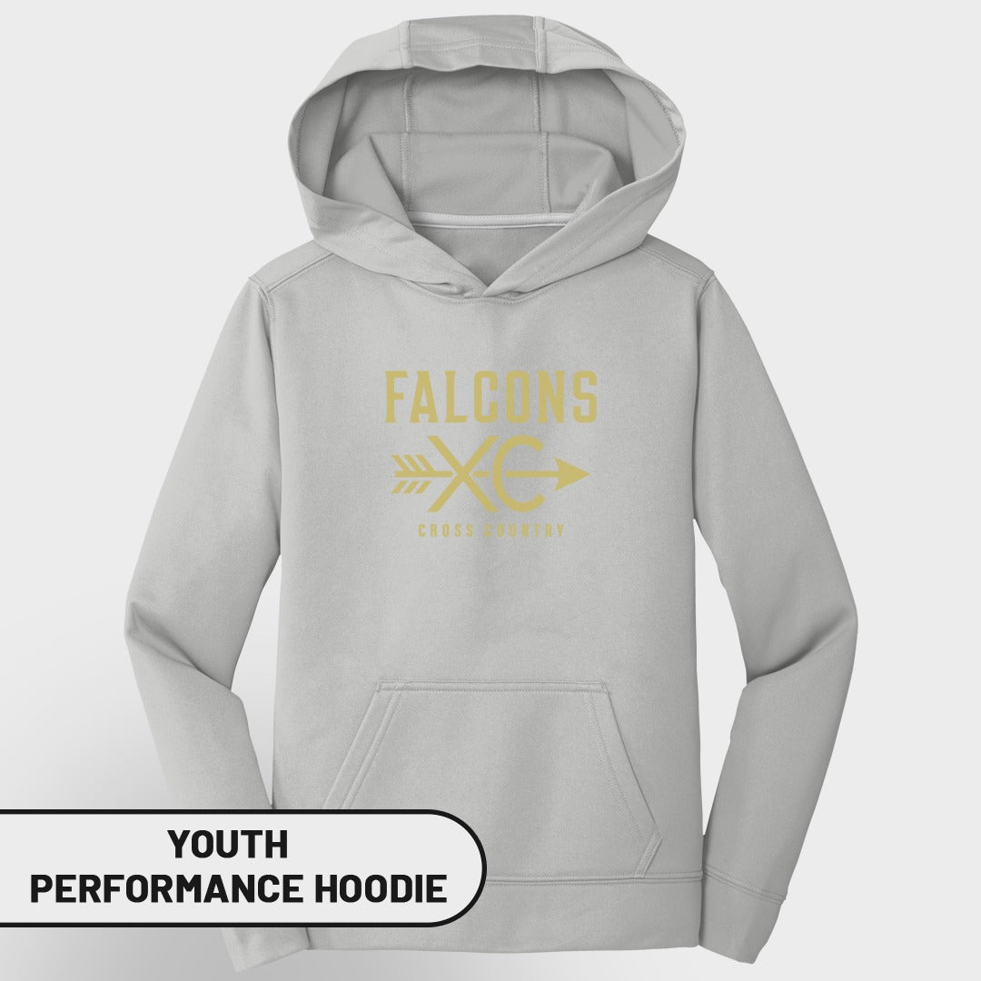 Light gray youth performance hoodie with "FALCONS CROSS COUNTRY" graphic.