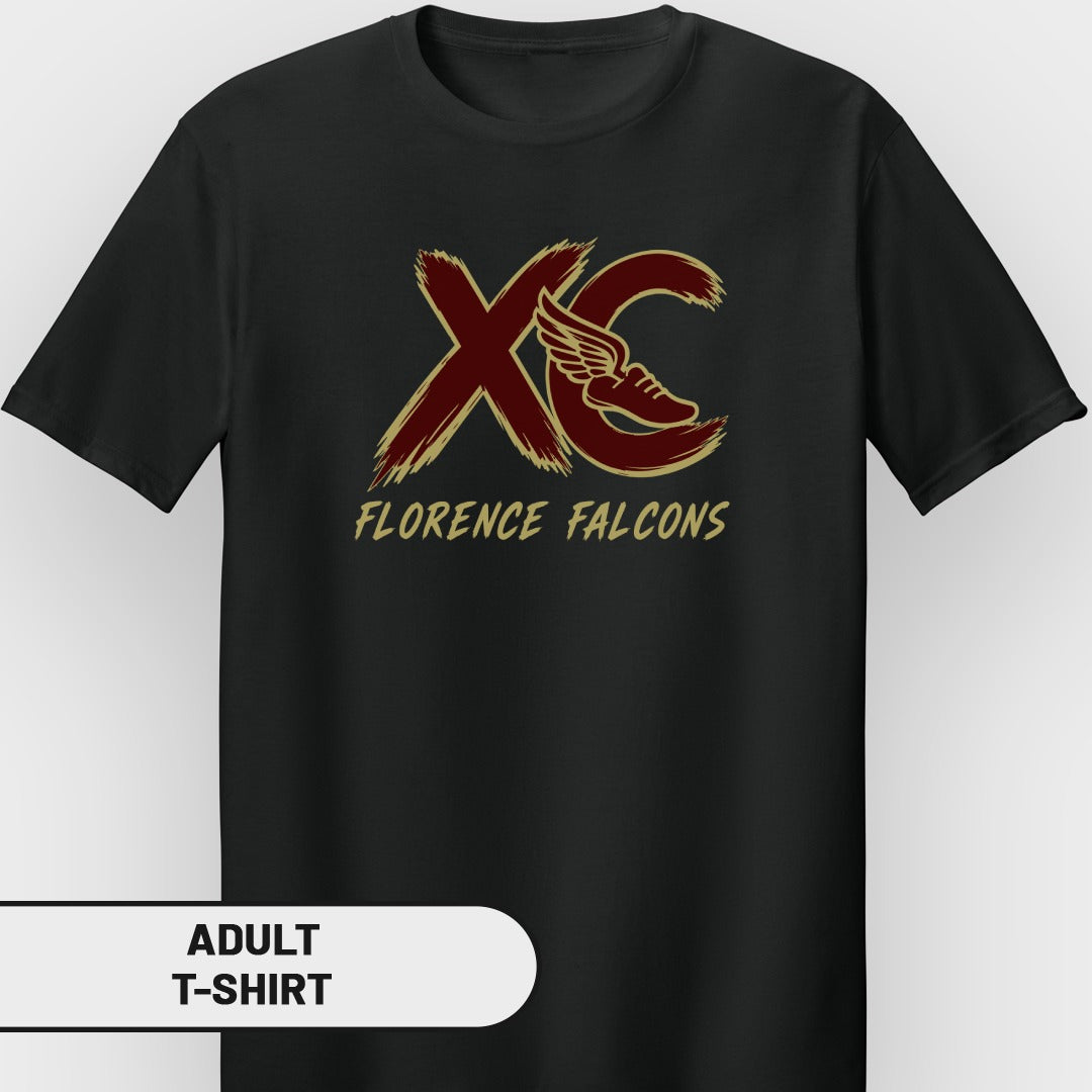 Black t-shirt with burgundy and gold "XC Florence Falcons" cross country logo.