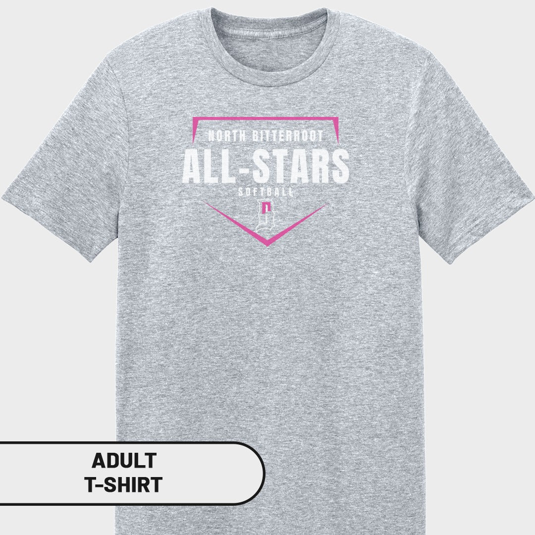 Gray adult t-shirt with "North Bitterroot All-Stars Softball" logo.