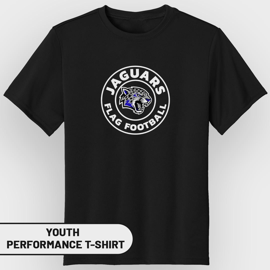 Youth black performance t-shirt with Jaguars flag football logo.