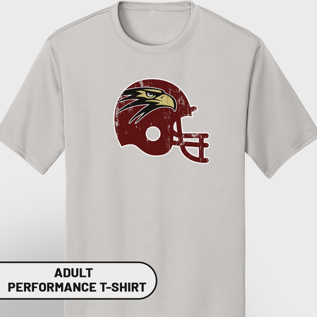 Light gray t-shirt with a distressed maroon football helmet featuring a golden eagle.