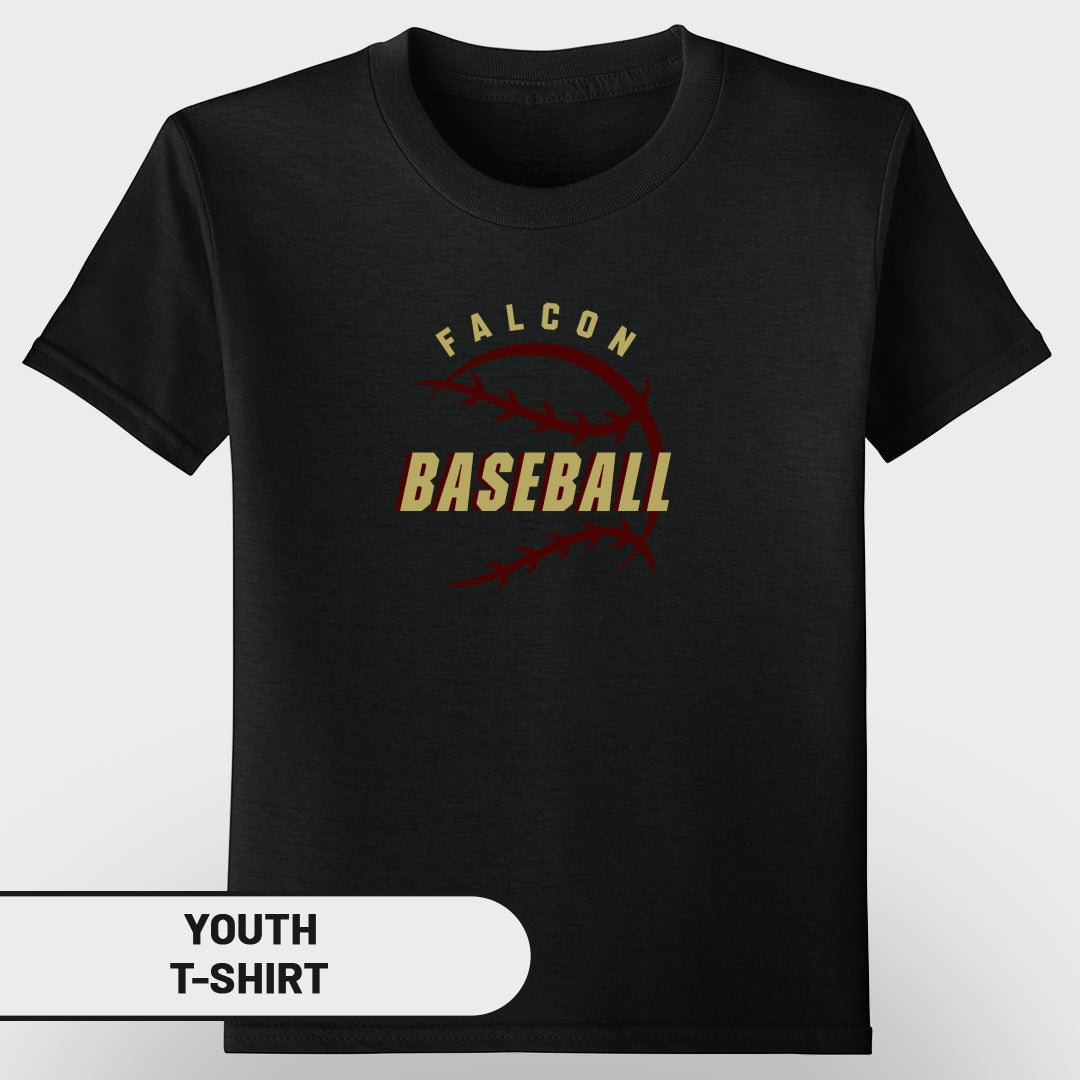Black youth t-shirt with "FALCON BASEBALL" text and baseball graphic.