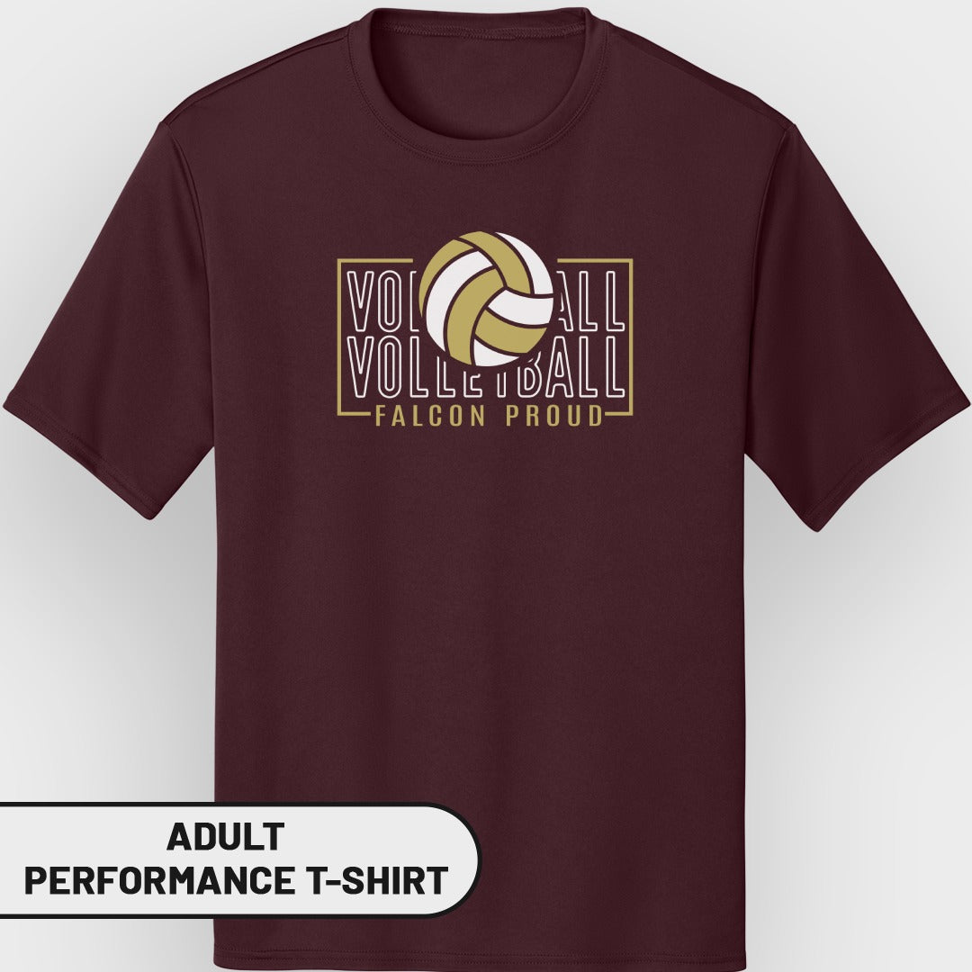 Maroon adult performance t-shirt with volleyball graphic and "Falcon Proud" text.