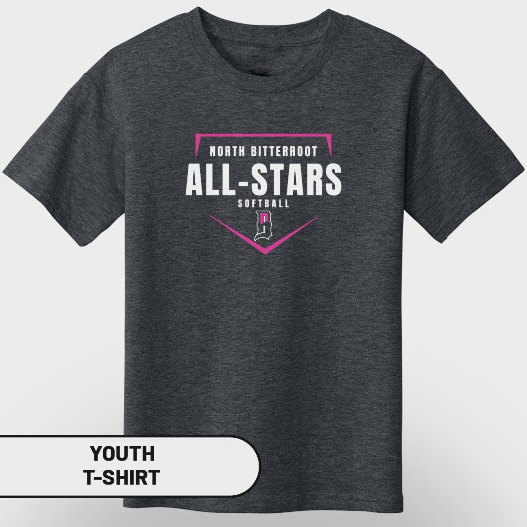 Dark gray youth t-shirt with "North Bitterroot All-Stars Softball" and a pink logo.