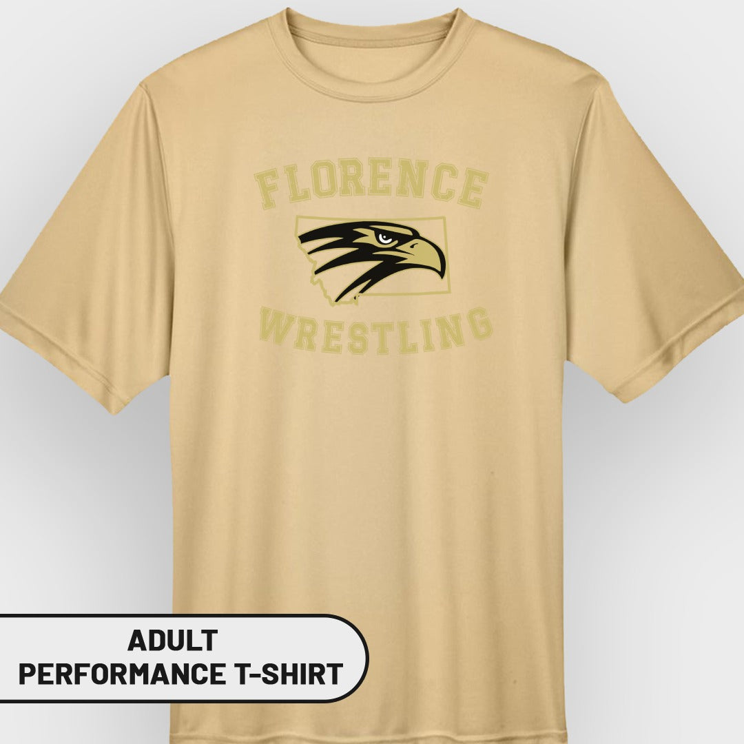 Tan t-shirt with "Florence Wrestling" text and a stylized eagle head.