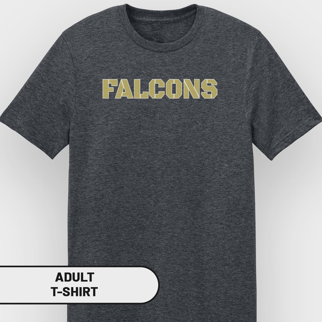 Adult dark grey t-shirt with "FALCONS" text on the chest.