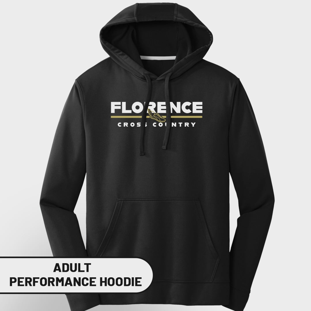 Black adult performance hoodie with "Florence Cross Country" text and a running shoe graphic.
