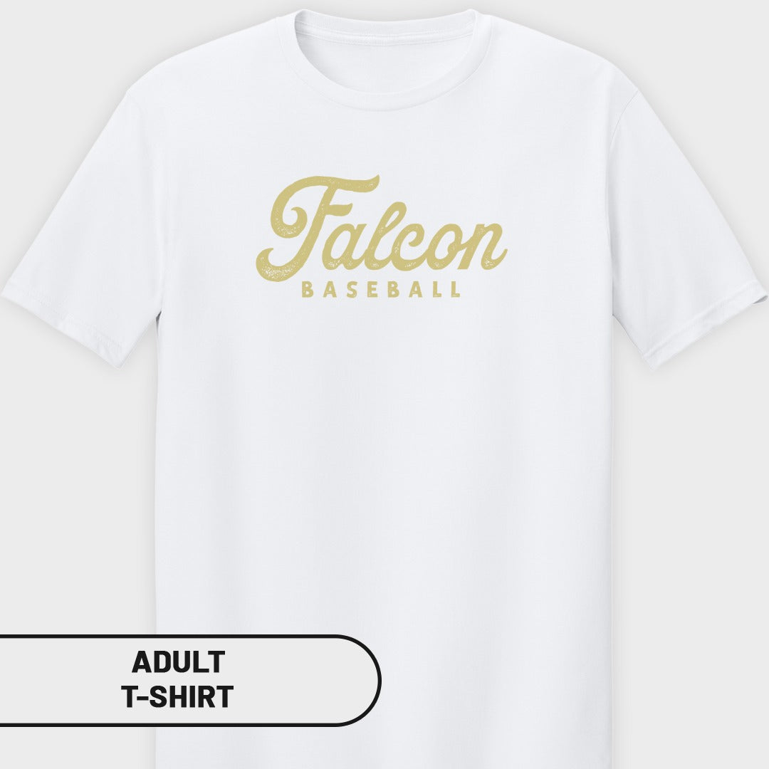 White adult t-shirt with gold "Falcon BASEBALL" text.