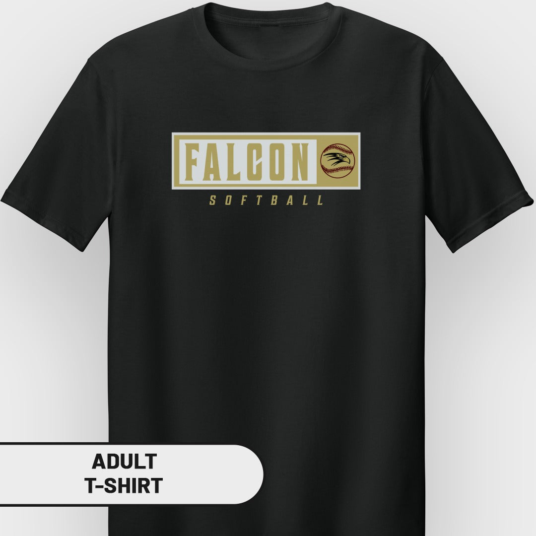 Black adult t-shirt with "FALCON SOFTBALL" text and a falcon logo.
