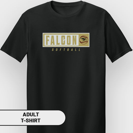 Black adult t-shirt with "FALCON SOFTBALL" text and a falcon logo.