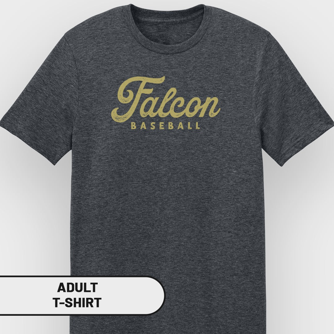 Dark grey t-shirt with "Falcon BASEBALL" text in distressed gold lettering.
