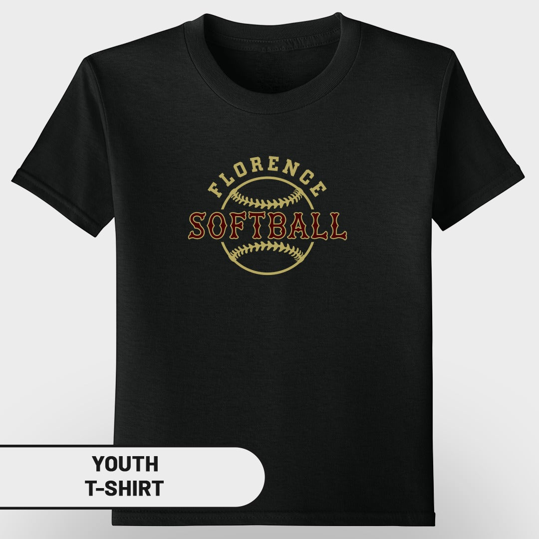 Black youth t-shirt with "Florence Softball" graphic on a baseball.