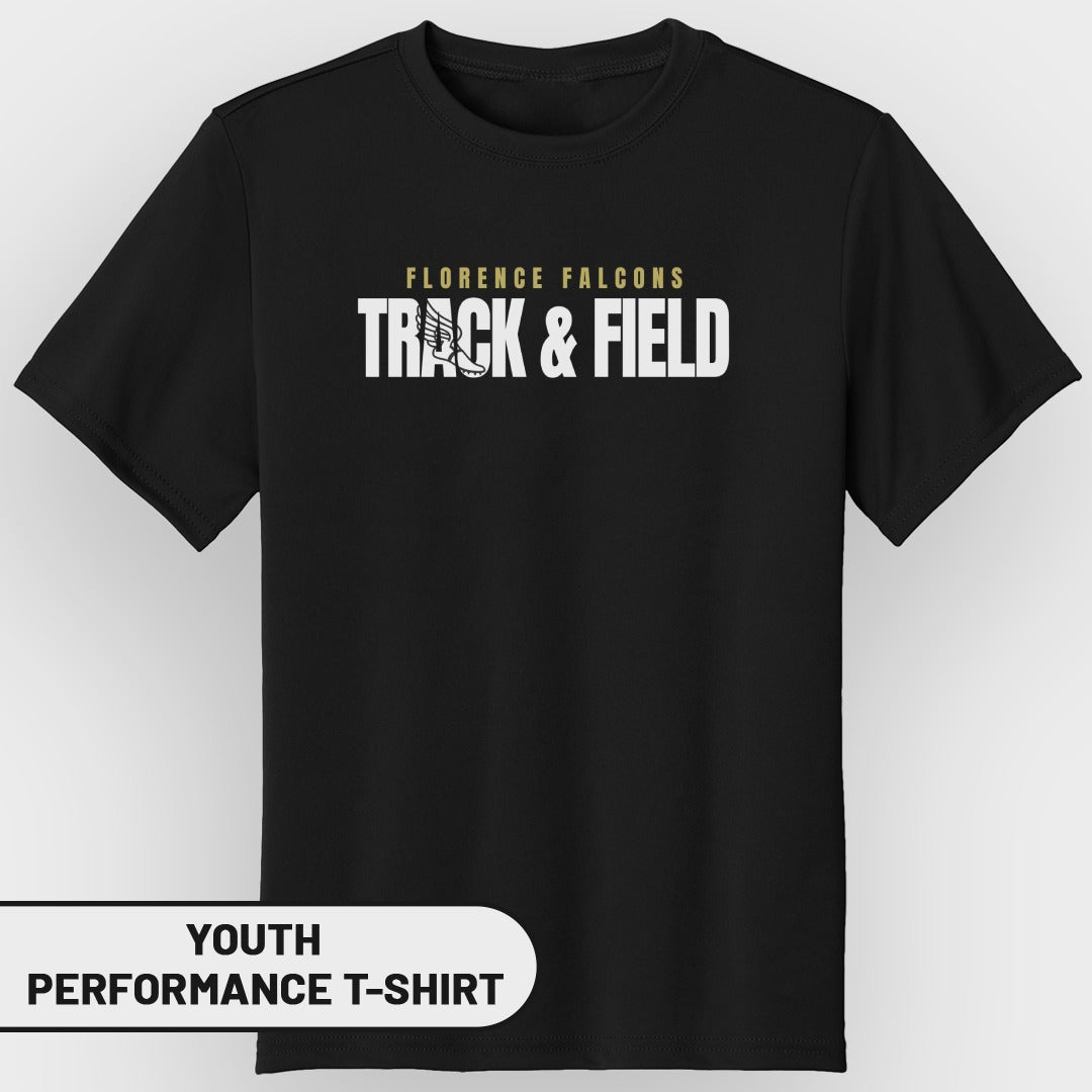 Black youth performance t-shirt with Florence Falcons Track & Field text and graphic.