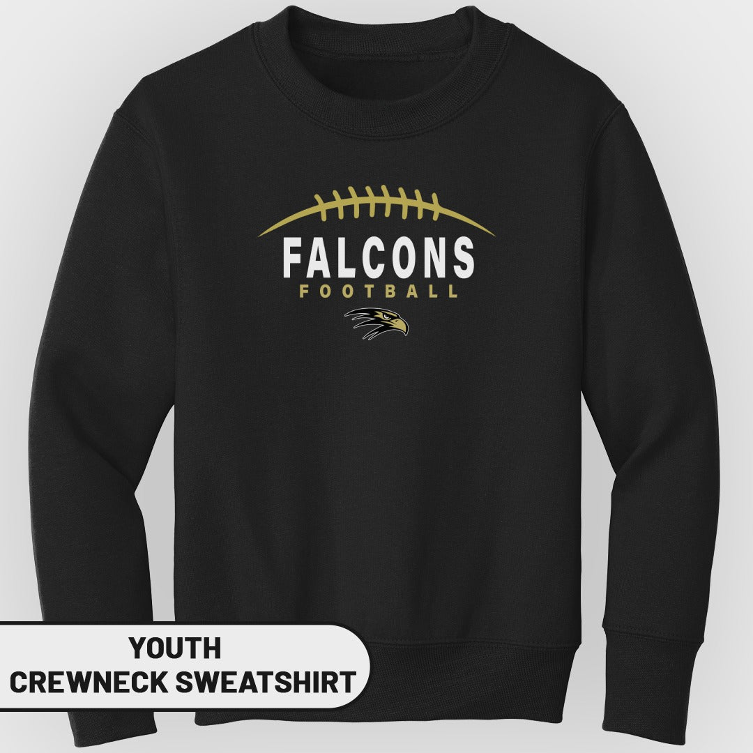 Black youth crewneck sweatshirt with "FALCONS FOOTBALL" and eagle logo.