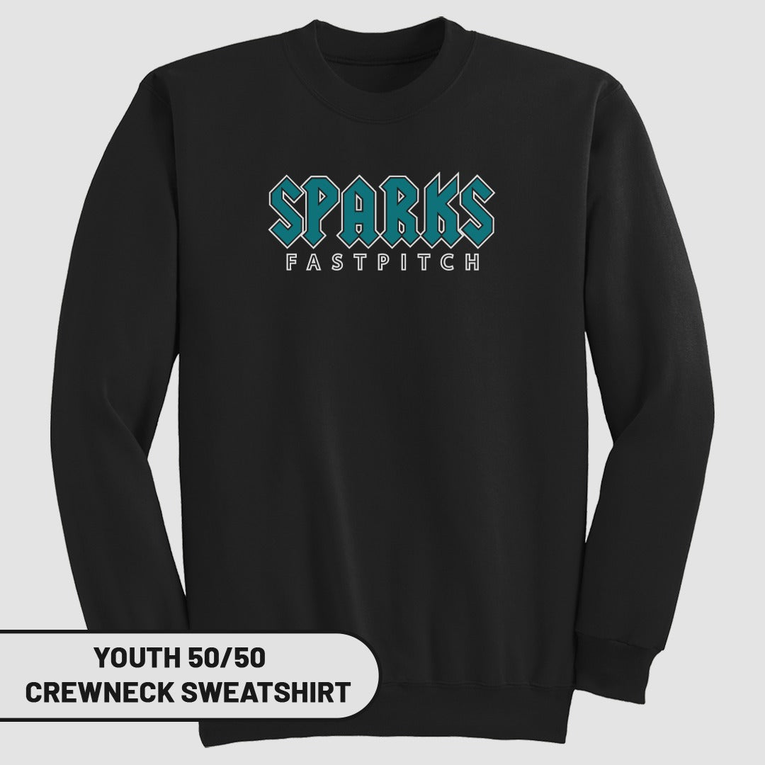 Black long-sleeve sweatshirt with "SPARKS FASTPITCH" in teal and white text.