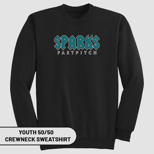 Black long-sleeve sweatshirt with "SPARKS FASTPITCH" in teal and white text.