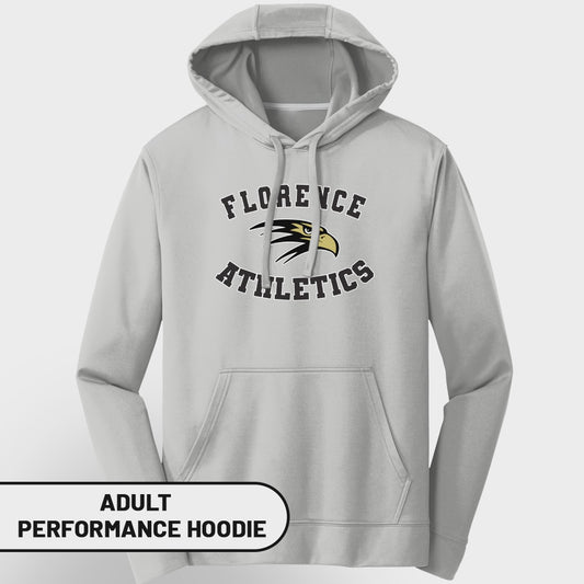 Light gray adult performance hoodie with Florence Athletics logo and eagle graphic.