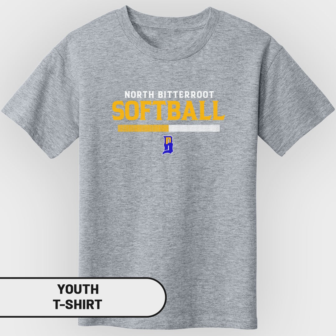 Gray youth t-shirt with "NORTH BITTERROOT SOFTBALL" and a blue 'D' logo.