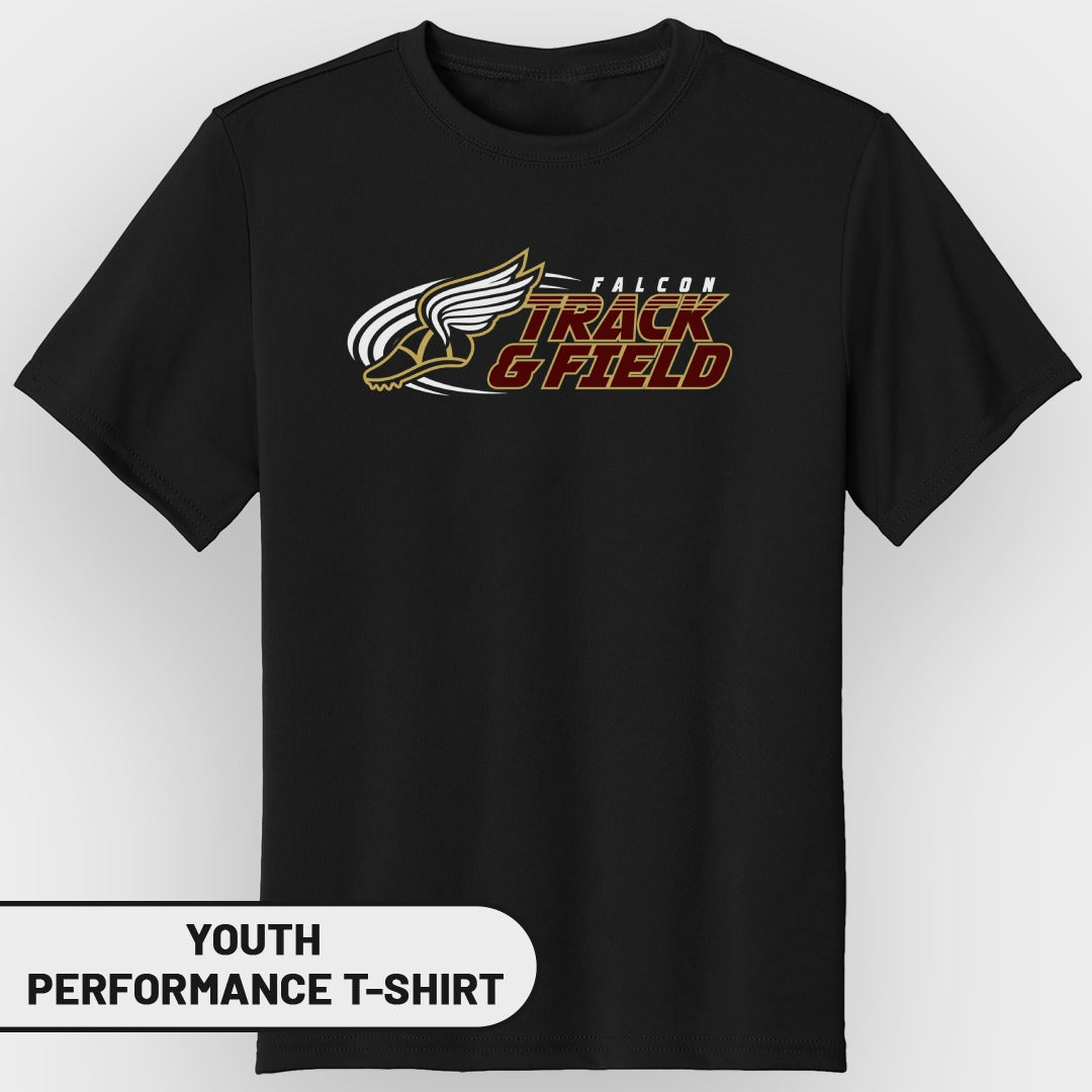 Black youth performance t-shirt with Falcon Track & Field logo.
