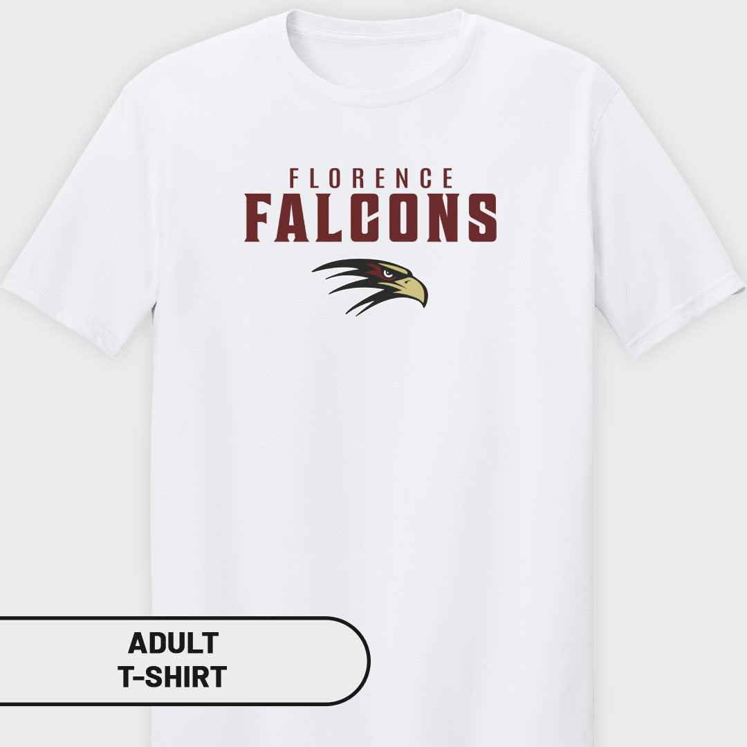 White adult t-shirt with "FLORENCE FALCONS" text and an eagle logo.