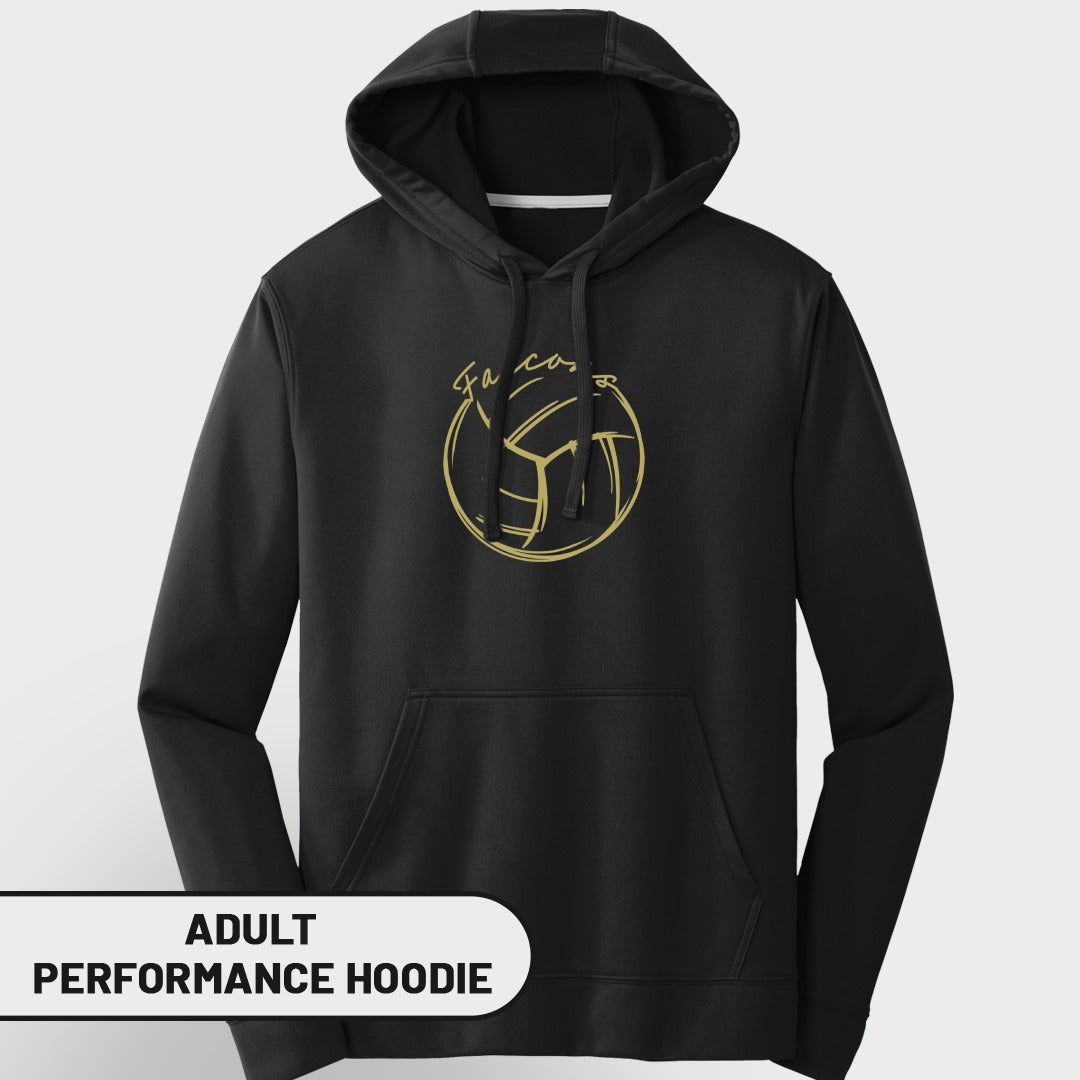 Black adult performance hoodie with gold volleyball graphic and text.