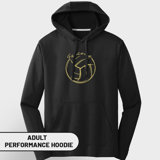 Black adult performance hoodie with gold volleyball graphic and text.