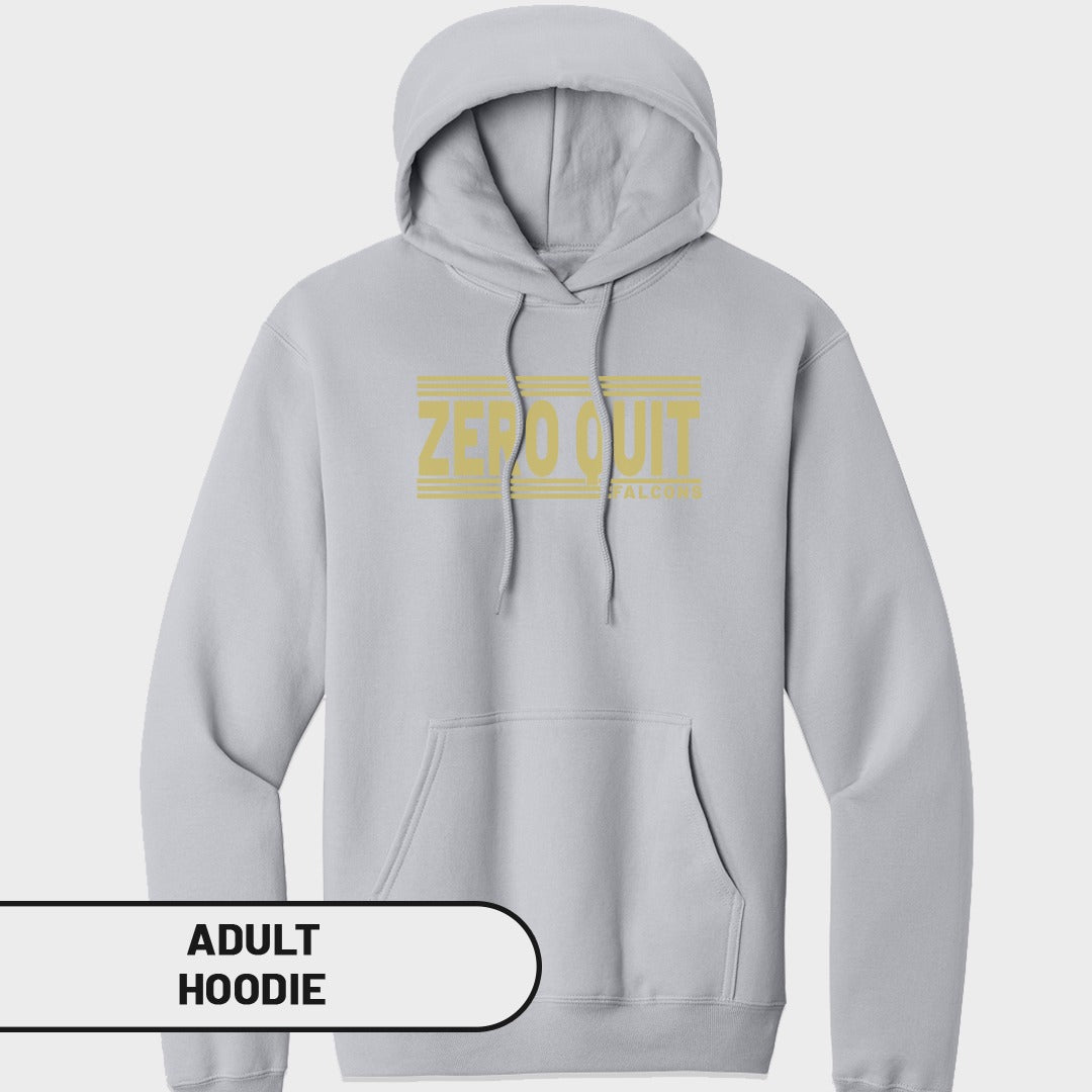 Light grey adult hoodie with "ZERO QUIT FALCONS" text graphic.