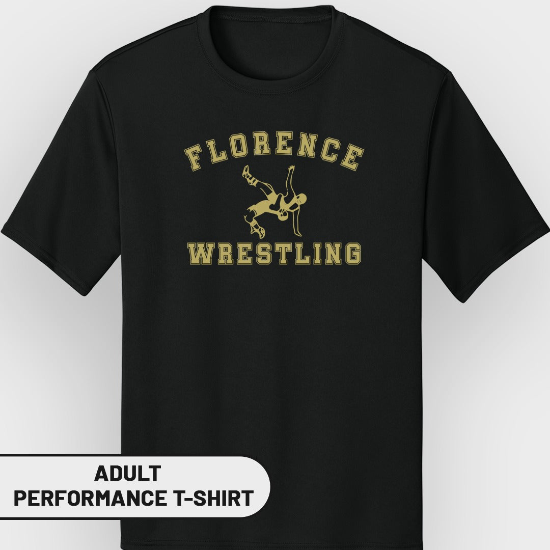 Black t-shirt with gold Florence Wrestling graphic and text.