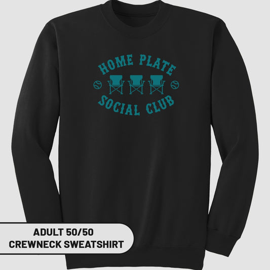 Black crewneck sweatshirt with "Home Plate Social Club" text and chair icons.