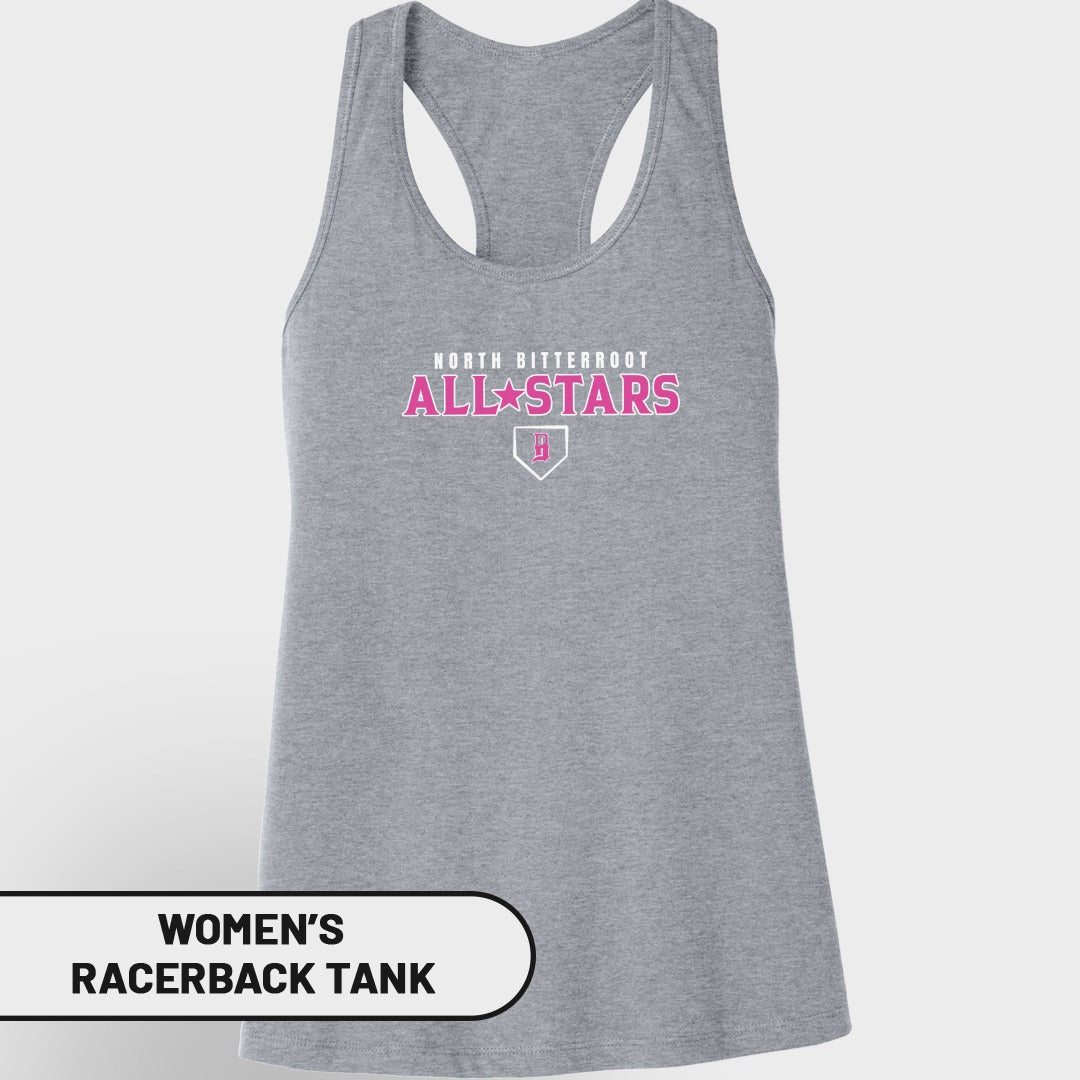 Gray women's racerback tank top with "North Bitterroot Allstars" and a pink logo.