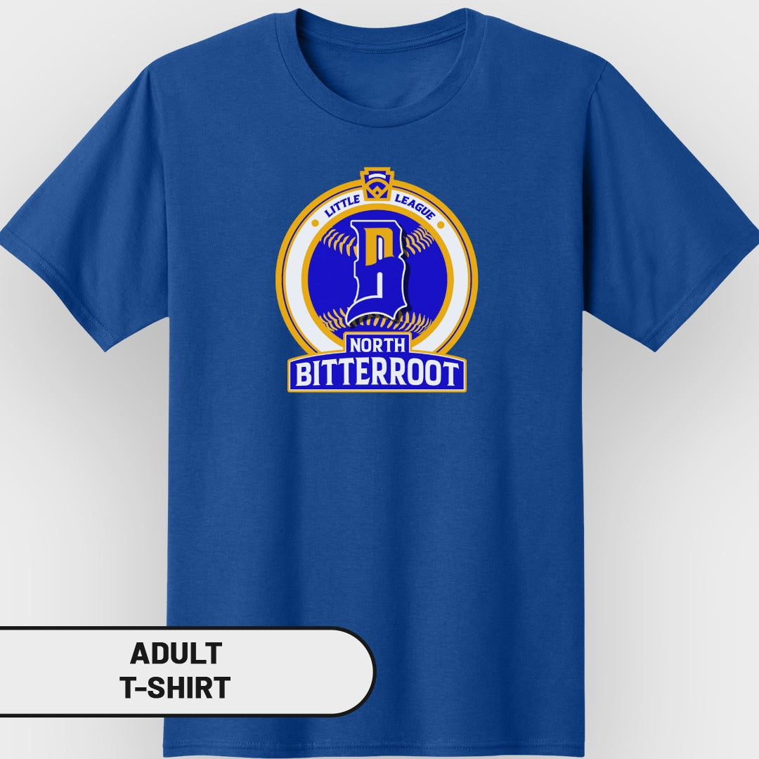 Blue t-shirt with North Little League Bitterroot logo.