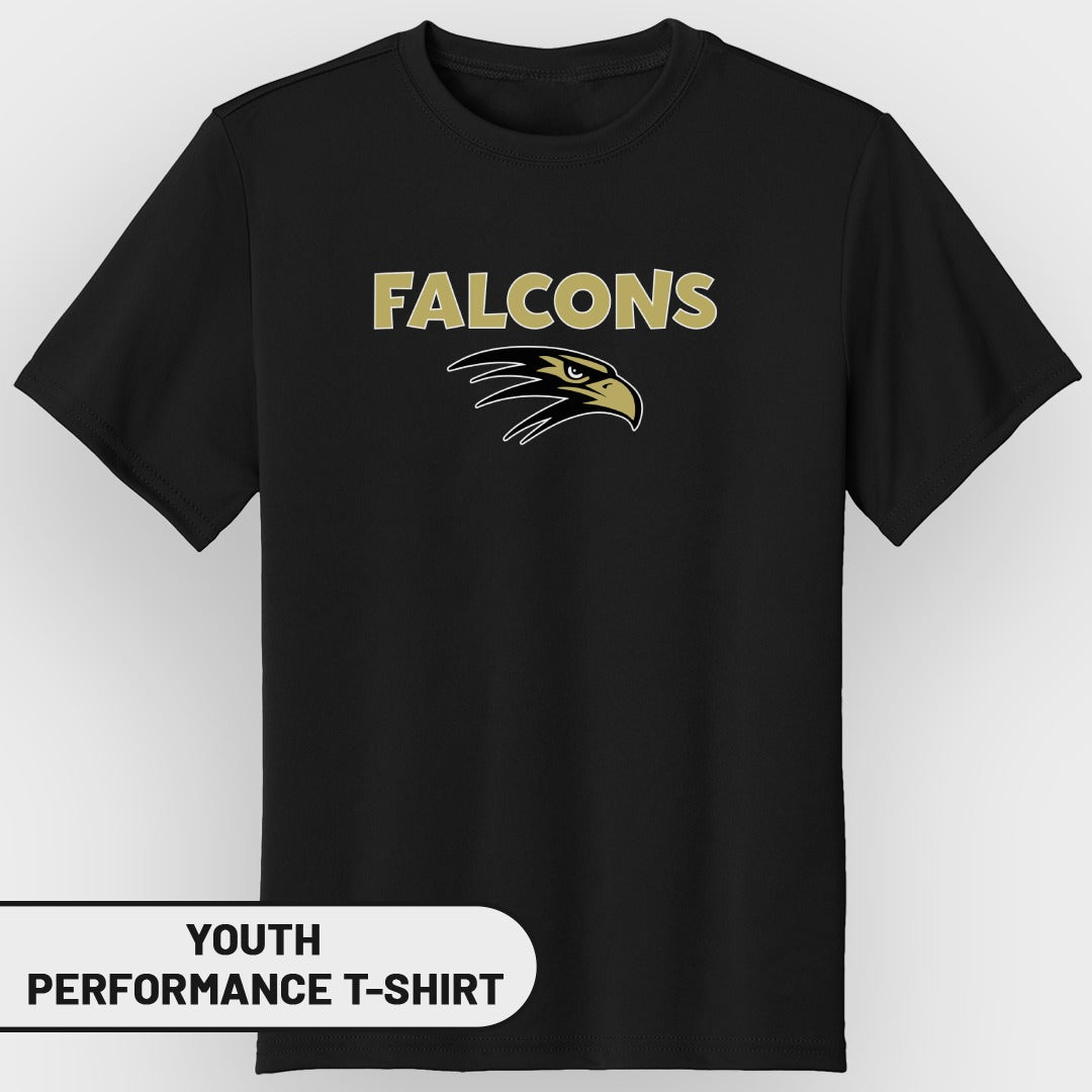 Black youth performance t-shirt with gold "FALCONS" text and eagle graphic.