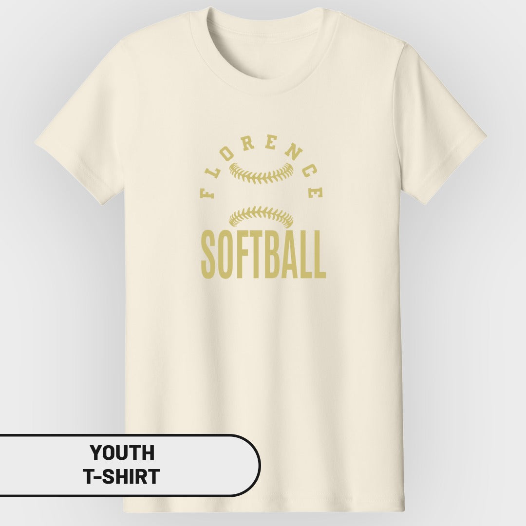 Cream youth t-shirt with "FLORENCE SOFTBALL" and baseball graphics in gold.