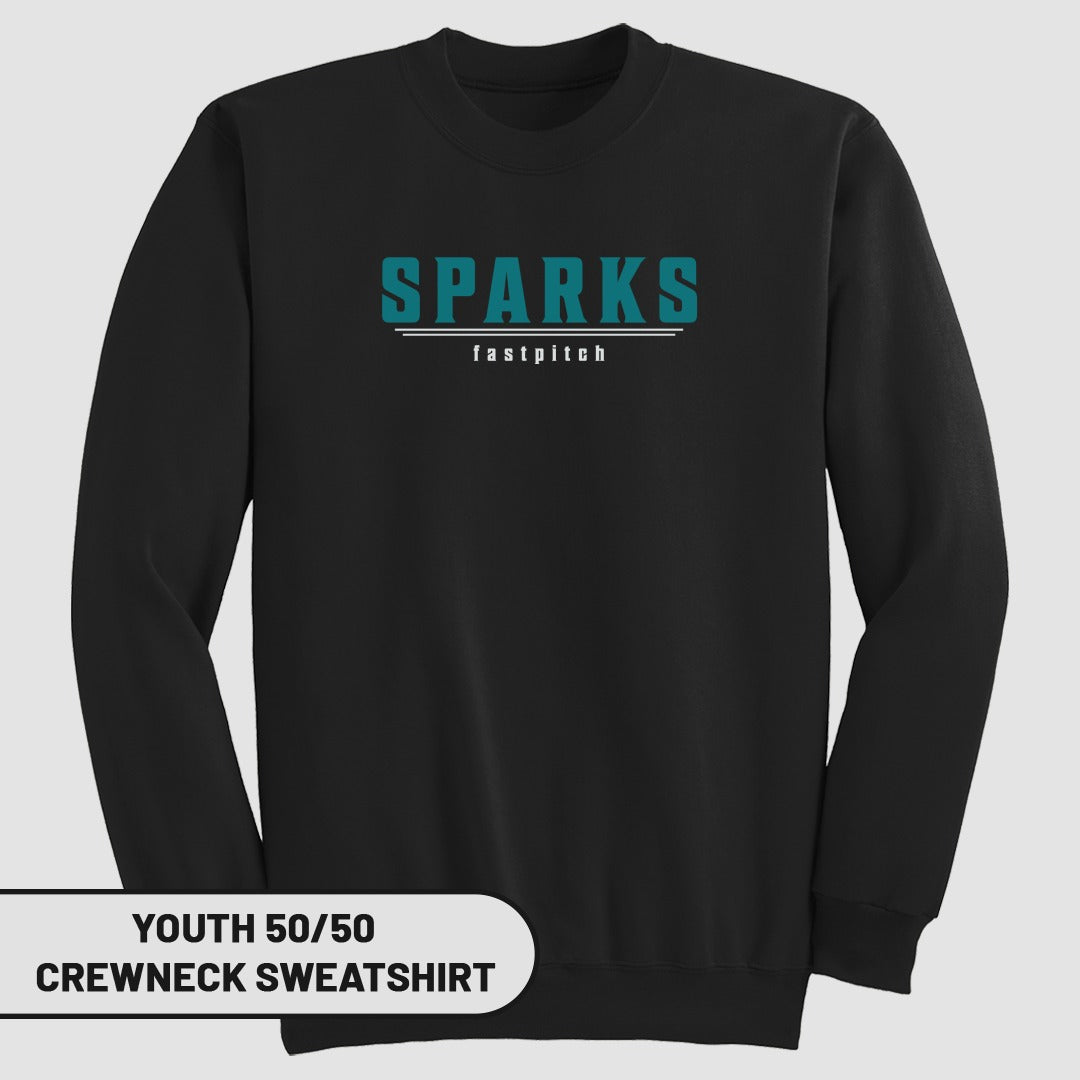 Black crewneck sweatshirt with "SPARKS fastpitch" text.