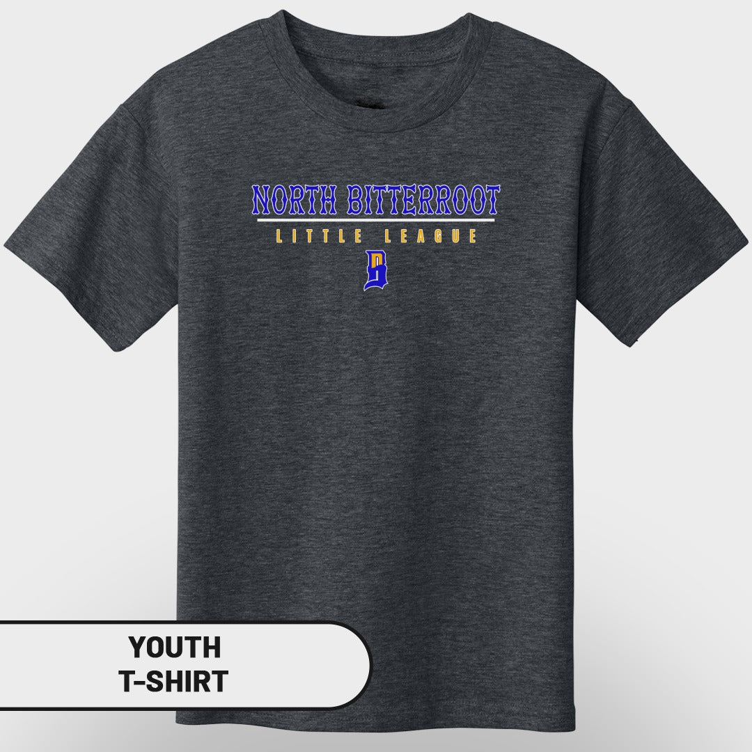 Dark gray youth t-shirt with "North Bitterroot Little League" text.