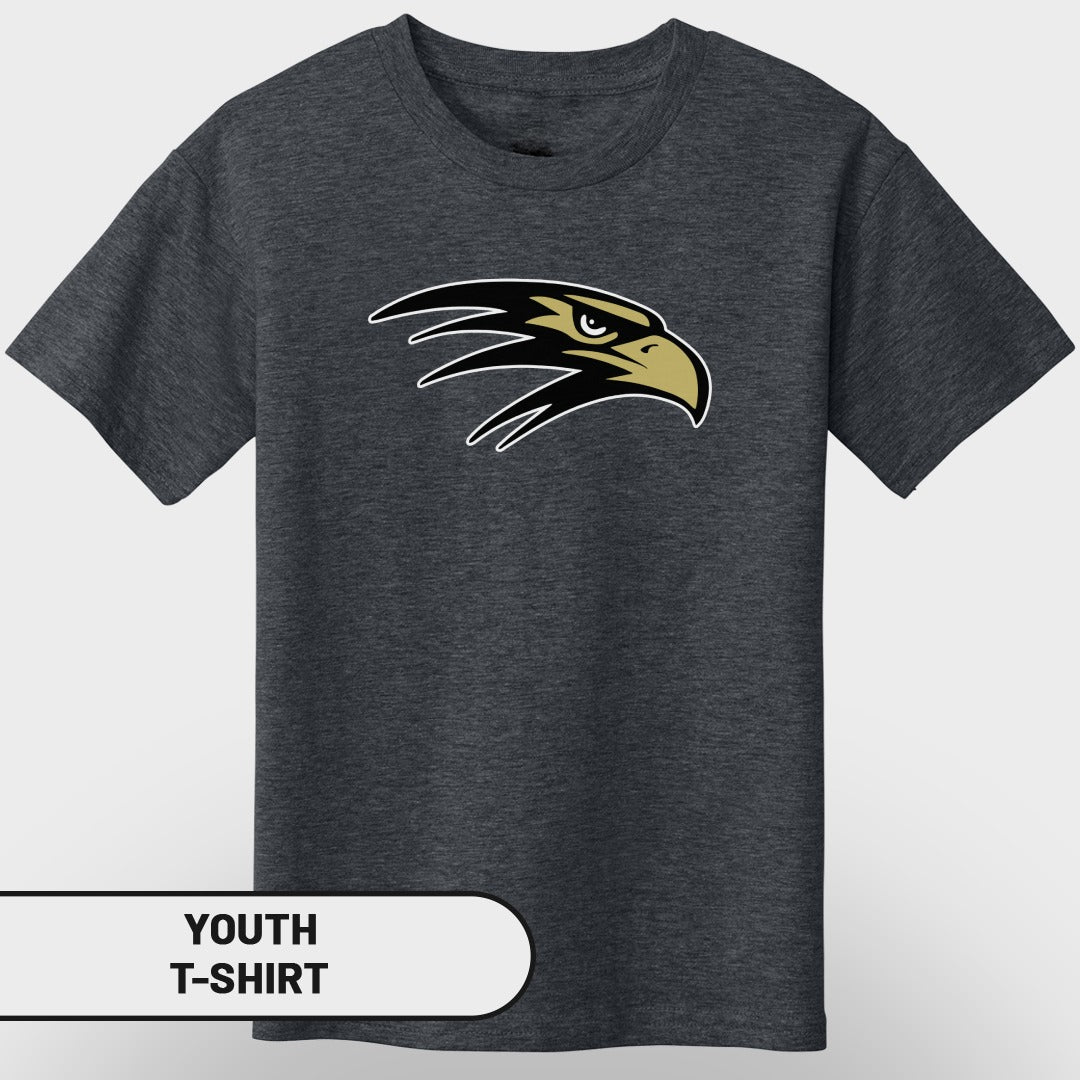 Dark heather youth t-shirt with black and gold eagle head logo.