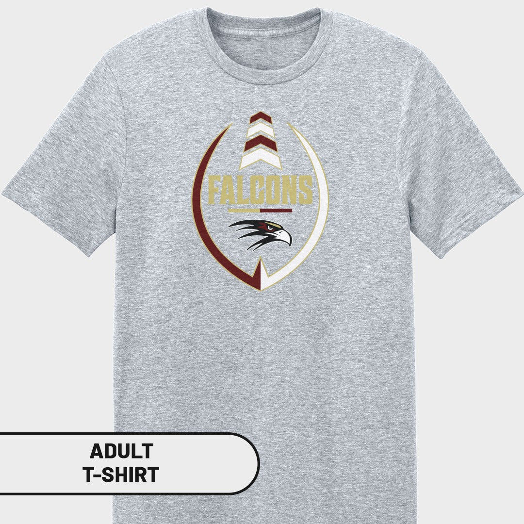 Grey t-shirt with a football graphic featuring the word "Falcons" and a hawk.