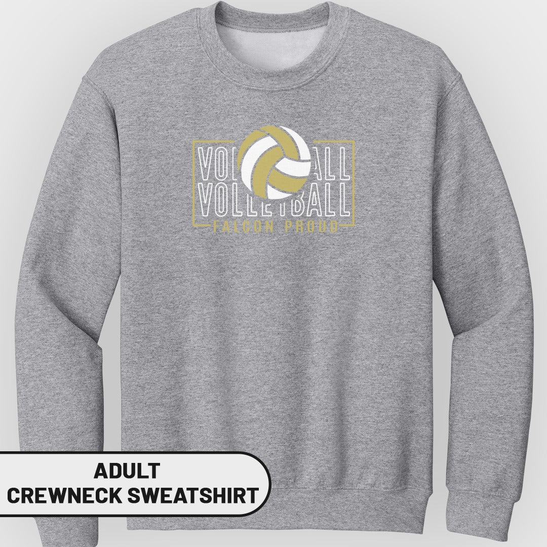 Grey adult crewneck sweatshirt with volleyball graphic and "Falcon Proud" text.