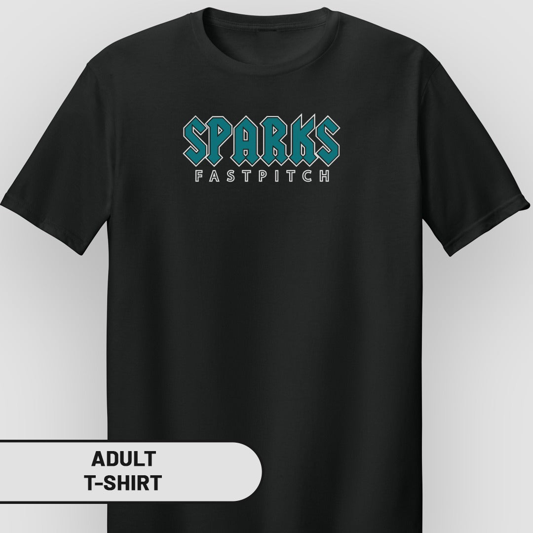 Black adult t-shirt with "SPARKS FASTPITCH" in teal lettering.